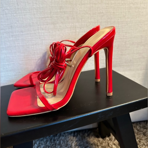 Red Patent Leather Open Toe Strap Heels - Picture 1 of 10